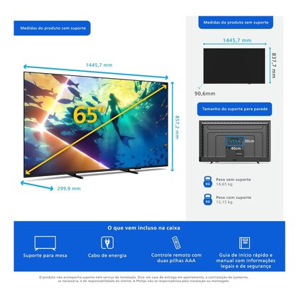 PHILIPS, Smart TV Ambilight 65" 4K, Titan OS, 65PUG8100/78, Comando de Voz, HDR10+/Dolby Atmos, VRR/ALLM, Bluetooth — imagem 10