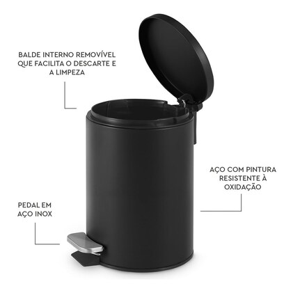 Powermaid Lixeira Matte 5L com Pedal Compacta banheiro, cozinha preto — imagem 2